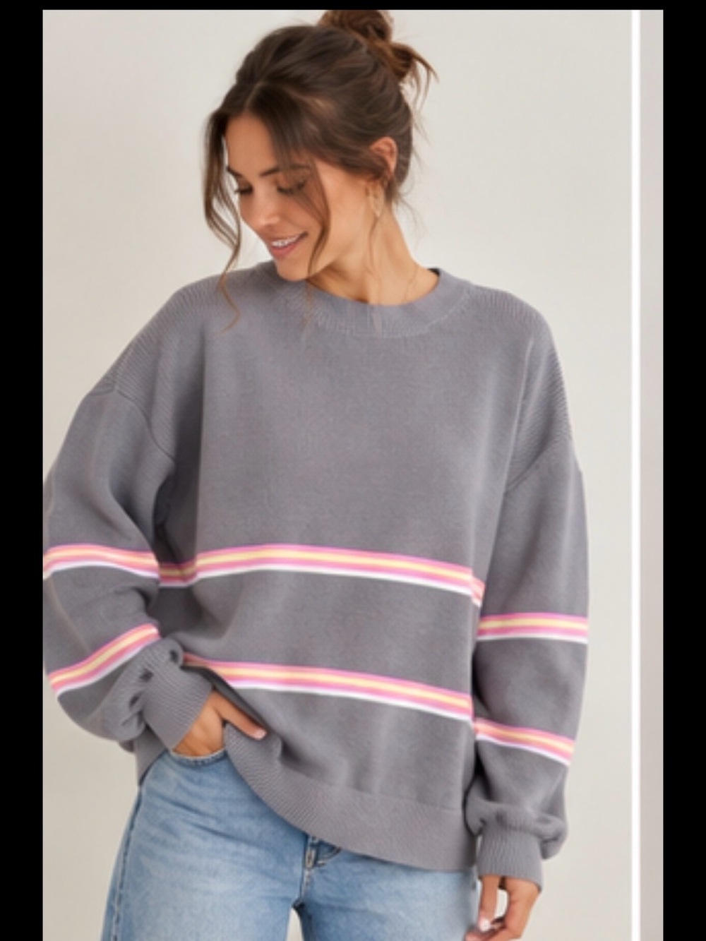 Gray Crewneck Sweater with Pink Stripe Accents